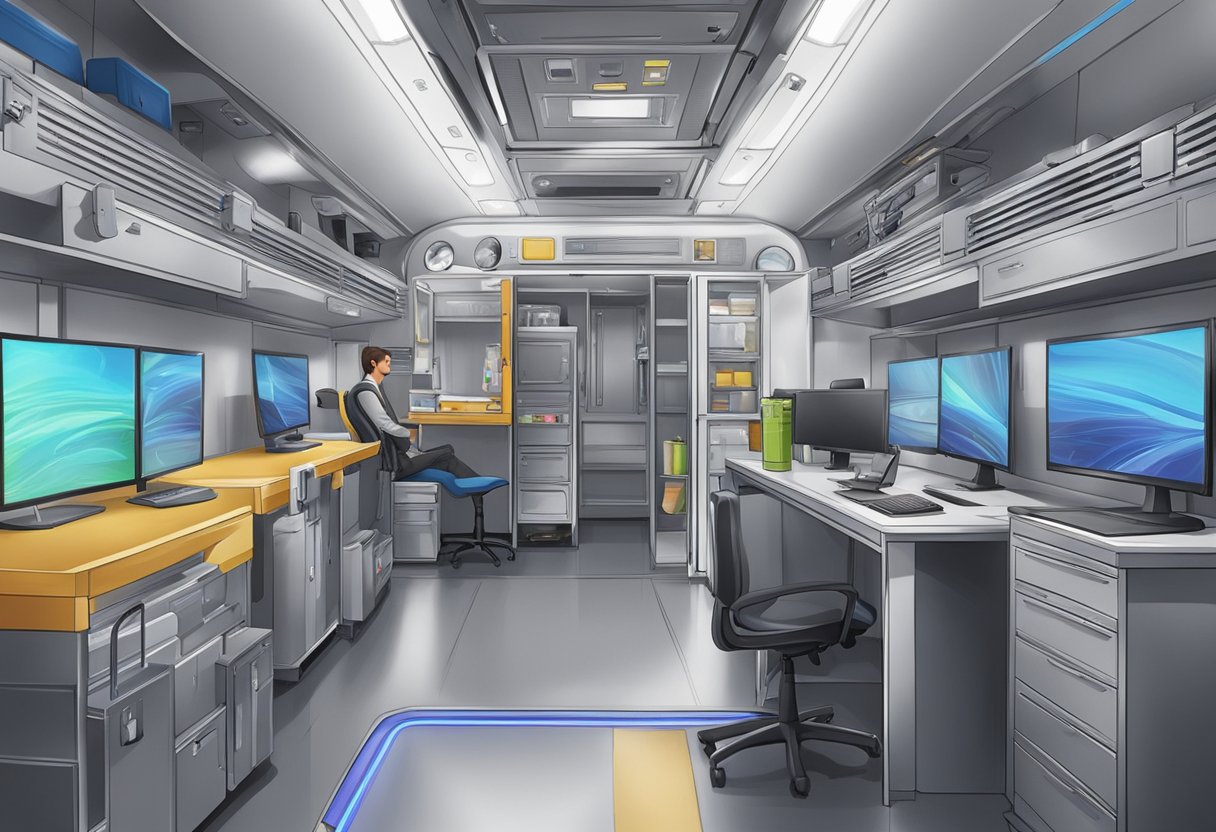 Equipamentos especializados e profissionais dentro de uma unidade móvel em um evento