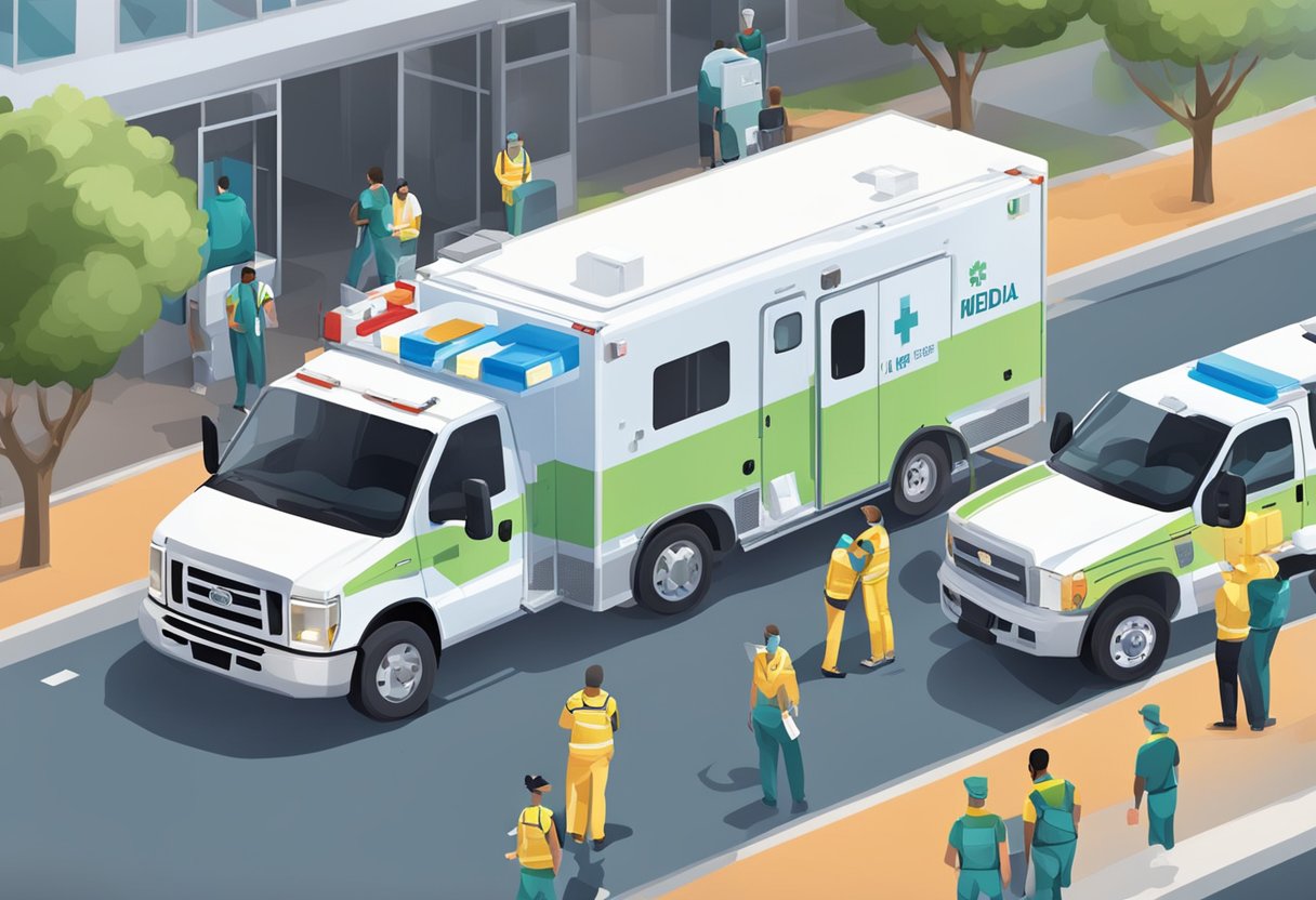 Uma unidade médica móvel estacionada em um evento, com paramédicos dentro se preparando para responder a emergências médicas.