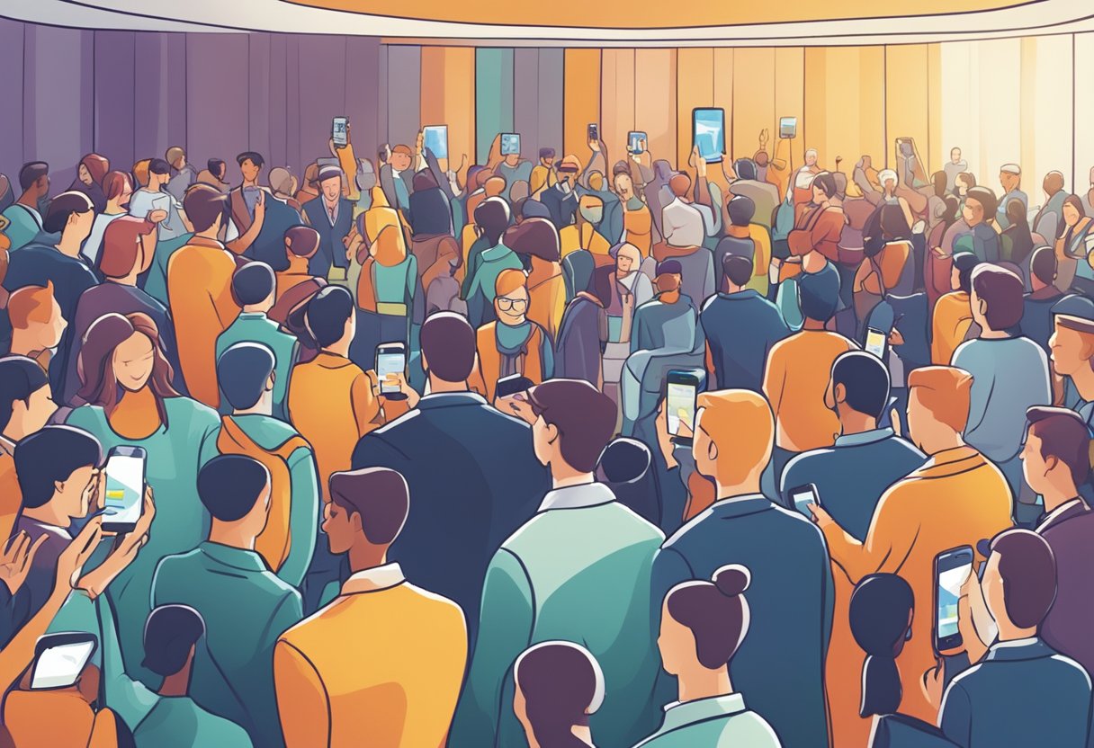 Um local de evento lotado com pessoas usando dispositivos móveis para interagir com Histórias de Sucesso