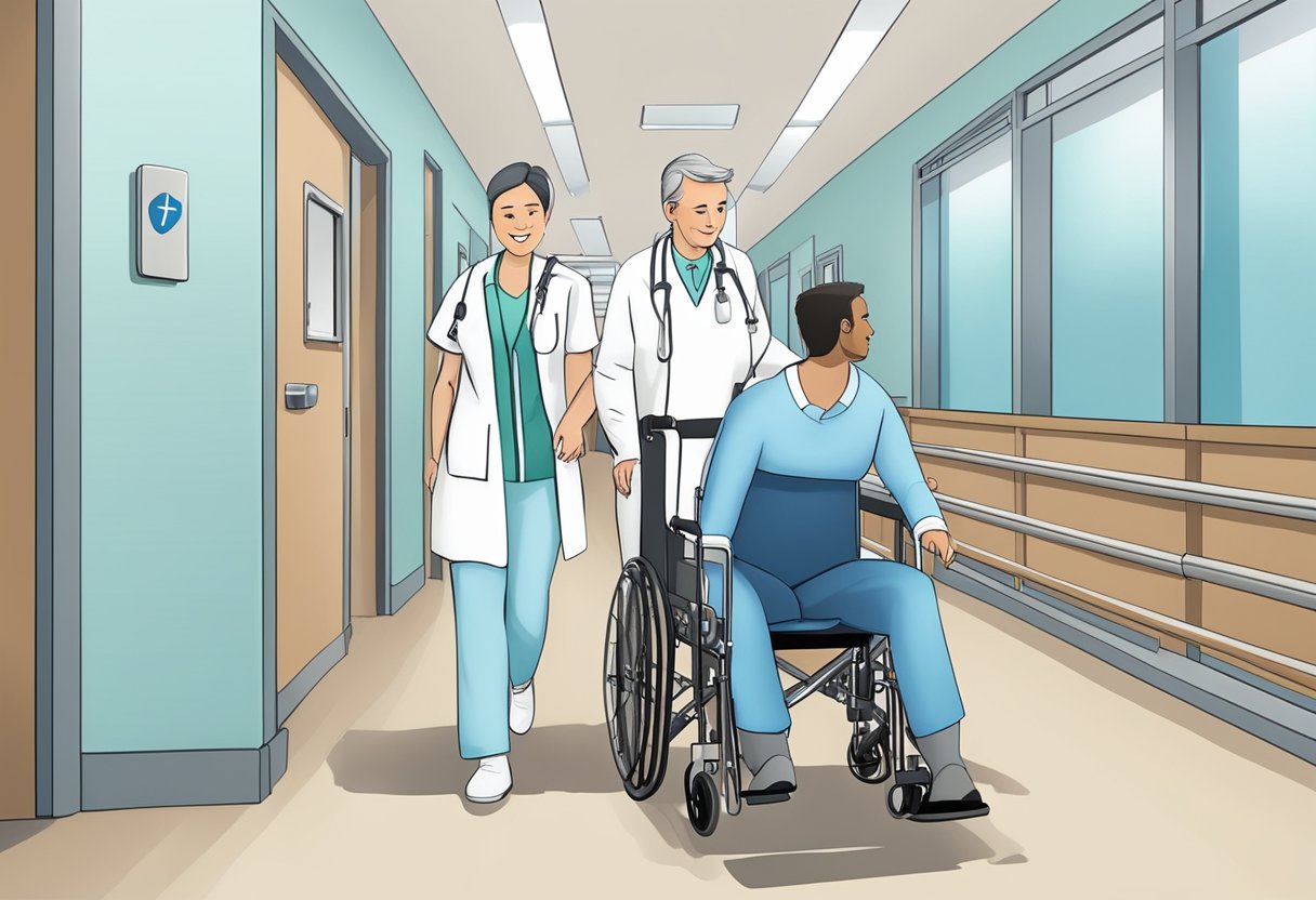 Transporte de Paciente Acamado: Serviços Essenciais e Cuidados Necessários 1 Um cuidador empurra suavemente uma cadeira de rodas com um paciente reclinado, navegando por um corredor de hospital.