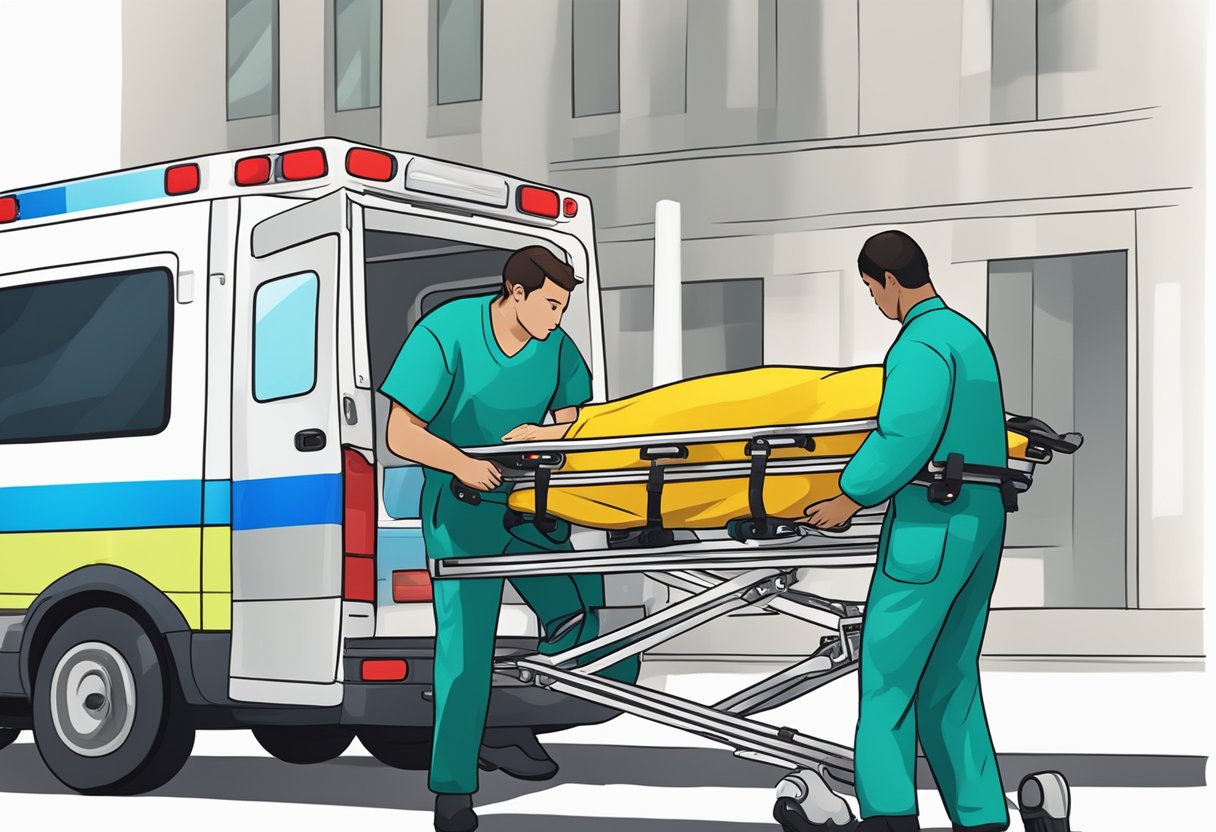 Transporte de Paciente Acamado: Serviços Essenciais e Cuidados Necessários 2 Um paciente deitado em uma maca sendo carregado em uma ambulância por profissionais de saúde