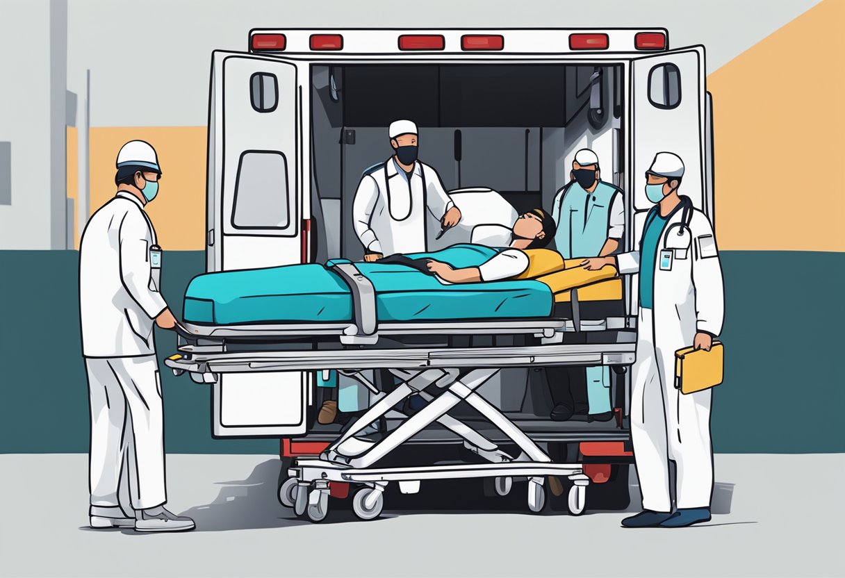 Transporte de Paciente Acamado: Serviços Essenciais e Cuidados Necessários 4 Uma cama de hospital sendo carregada em uma ambulância com equipamentos médicos e um sistema de suporte ao paciente em funcionamento.