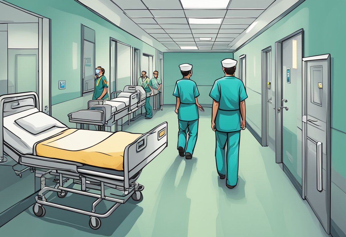 Transporte de Paciente Acamado: Serviços Essenciais e Cuidados Necessários 5 Um orderly manobra cuidadosamente uma cama de hospital por um corredor estreito, navegando em torno de cantos e obstáculos com precisão.