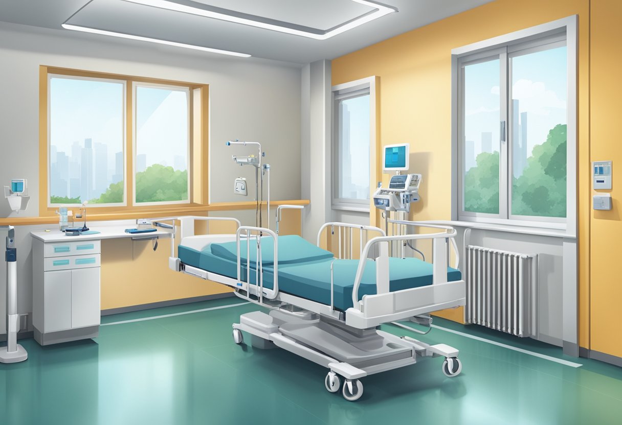 Transporte de Paciente Acamado: Serviços Essenciais e Cuidados Necessários 9 Um quarto de hospital com uma cama equipada com trilhos ajustáveis e um sistema de elevação, junto com vários acessórios médicos para pacientes com mobilidade reduzida.