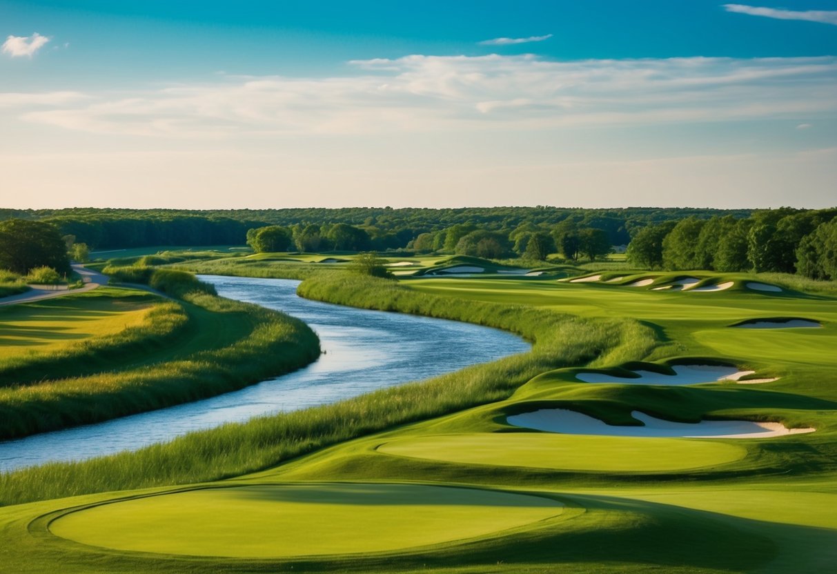 A rolling green landscape with a winding river and a sunny sky, dotted with small, affordable public golf courses in Green County, Wisconsin