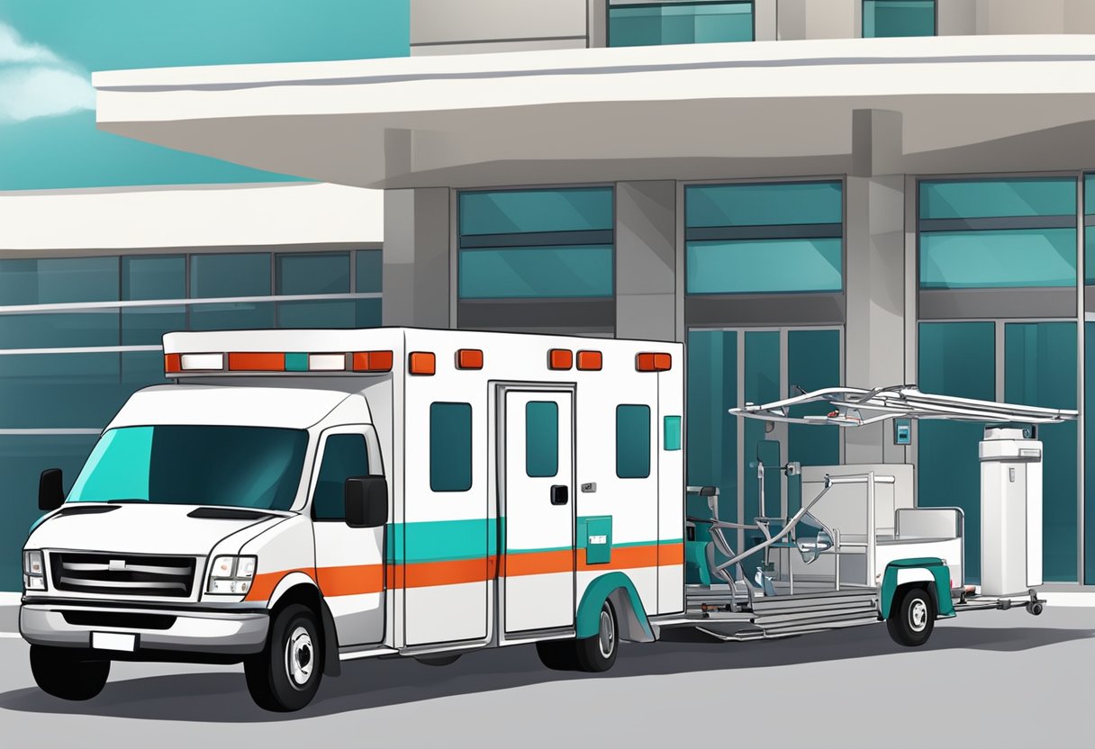 Empresa de Remoção Hospitalar: Serviços Essenciais e Cuidados Necessários 1 Um veículo de transporte médico estacionado do lado de fora de um hospital, com paramédicos carregando uma maca na parte de trás.