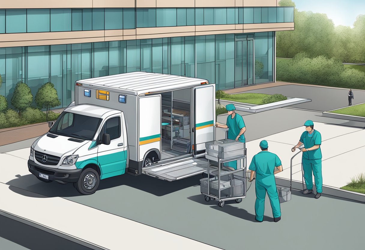 Empresa de Remoção Hospitalar: Serviços Essenciais e Cuidados Necessários 6 Uma van de transporte hospitalar estacionada do lado de fora de uma unidade médica, com equipamentos médicos sendo carregados no veículo por dois trabalhadores.
