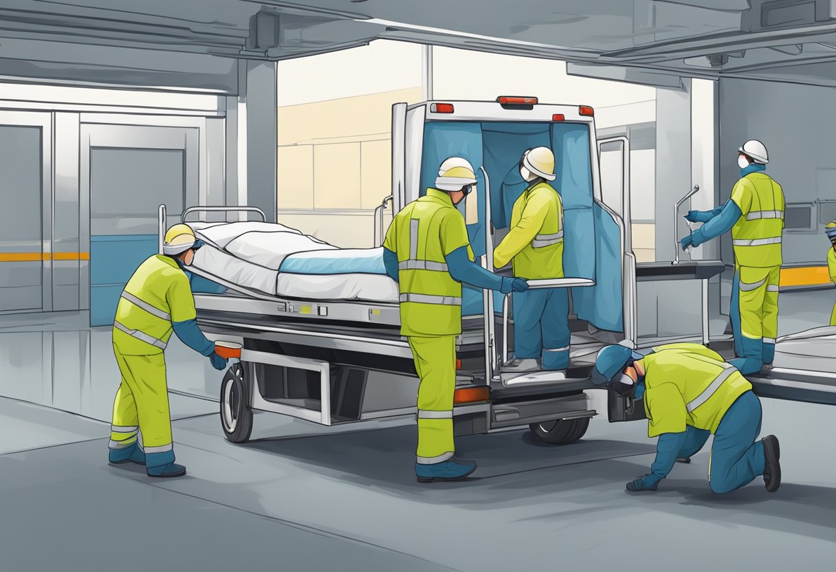 Empresa de Remoção Hospitalar: Serviços Essenciais e Cuidados Necessários 7 Uma cama de hospital sendo cuidadosamente carregada em um caminhão de mudança por trabalhadores em uniformes e equipamentos de proteção.