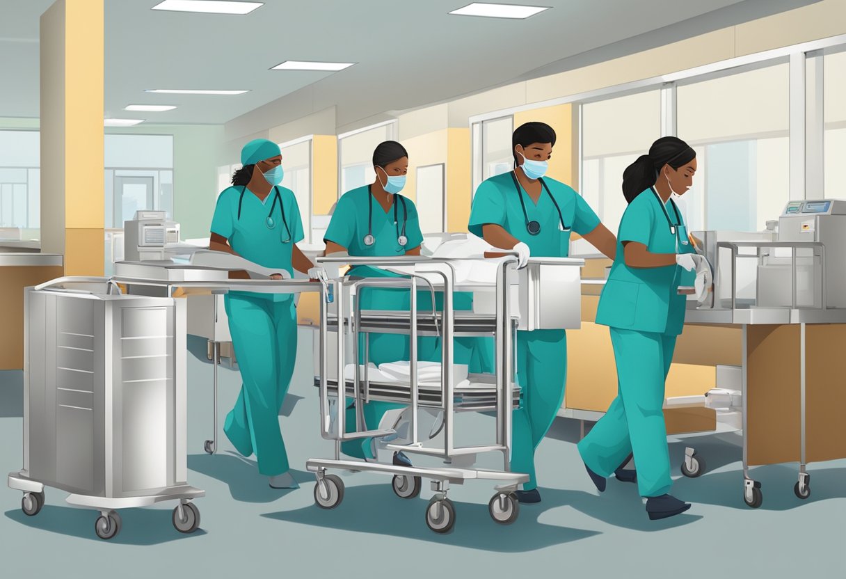 Serviços de Remoção de Pacientes: Guia Prático e Completo 2 Profissionais de saúde movendo equipamentos em um ambiente hospitalar