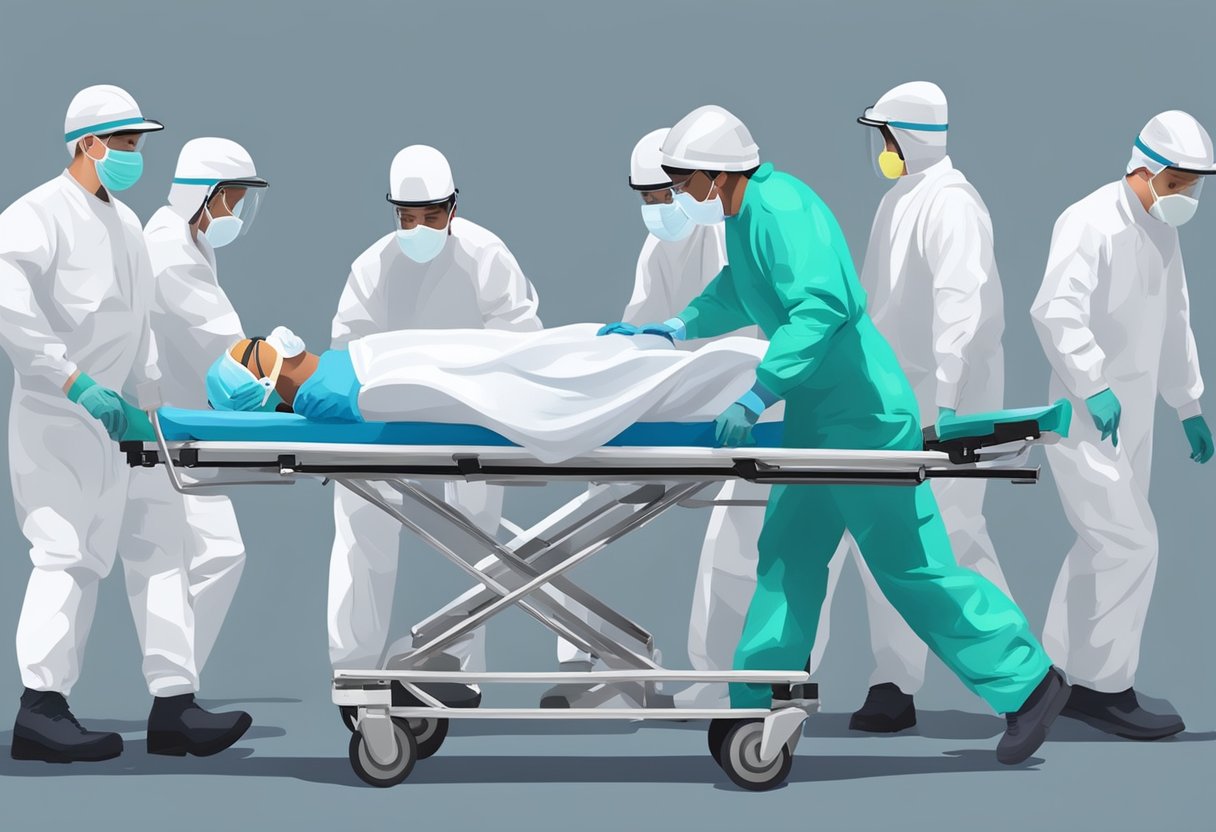 Serviços de Remoção de Pacientes: Guia Prático e Completo 3 Uma equipe de trabalhadores com equipamentos de proteção transporta cuidadosamente um paciente em uma maca, seguindo os protocolos de segurança.