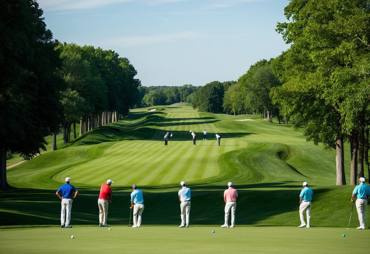 Lush green fairways stretch across rolling hills, framed by tall trees and a clear blue sky. A group of golfers tees off on a well-maintained public course in Green County, Wisconsin