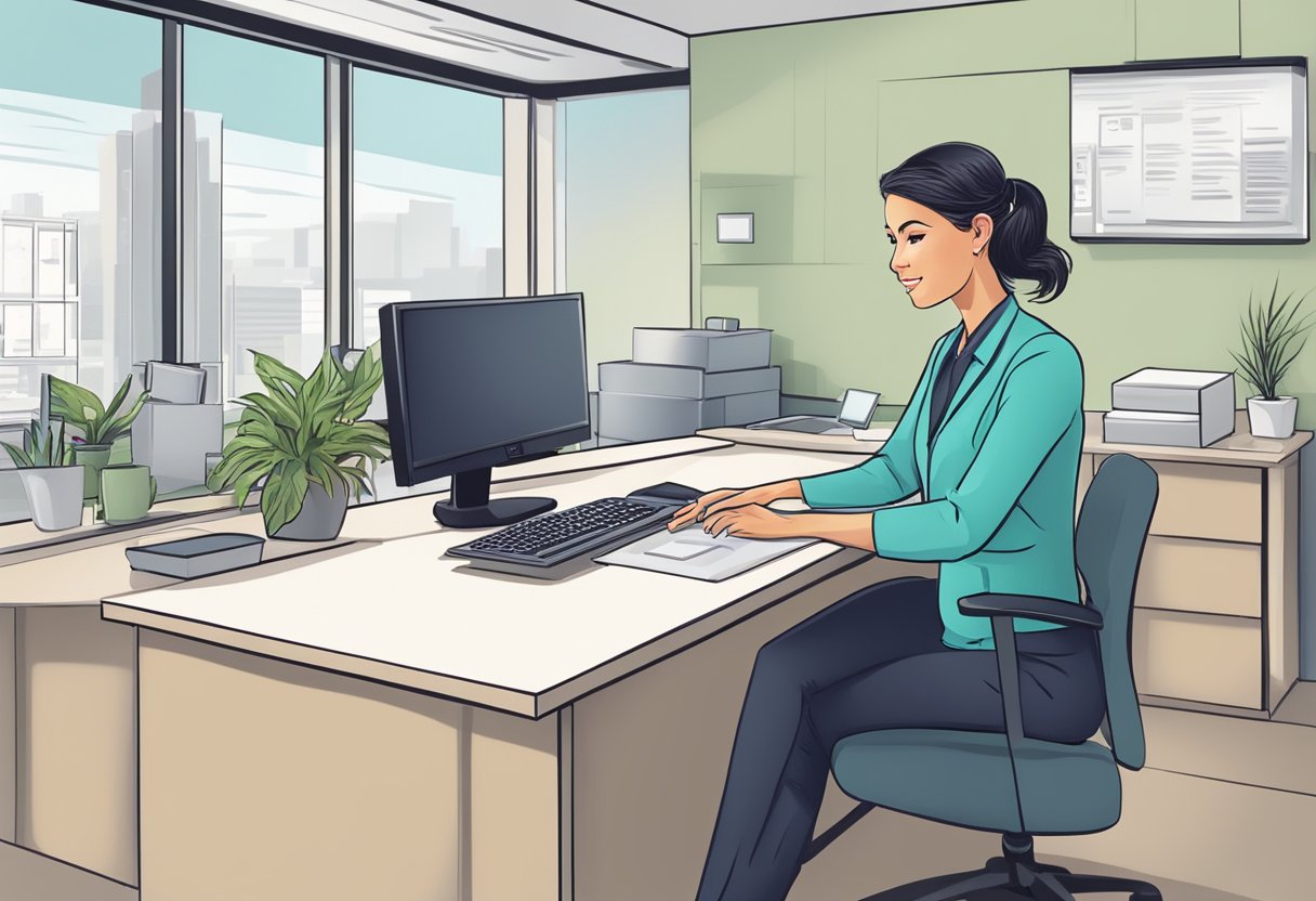 Serviços de Remoção de Pacientes: Guia Prático e Completo 5 Uma recepcionista em uma mesa agenda o serviço de remoção de pacientes