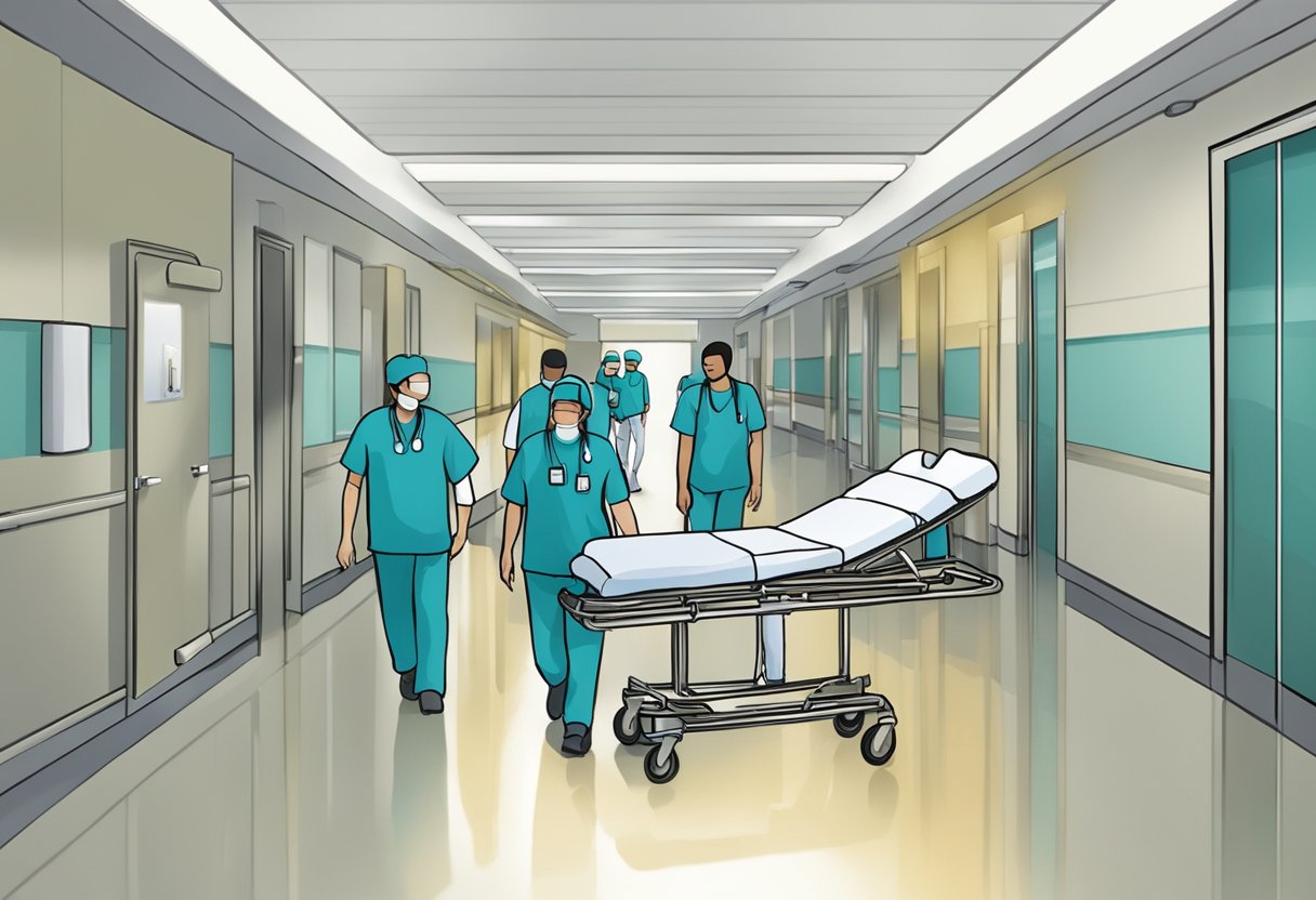 Uma maca hospitalar sendo empurrada por profissionais de saúde em um corredor bem iluminado.