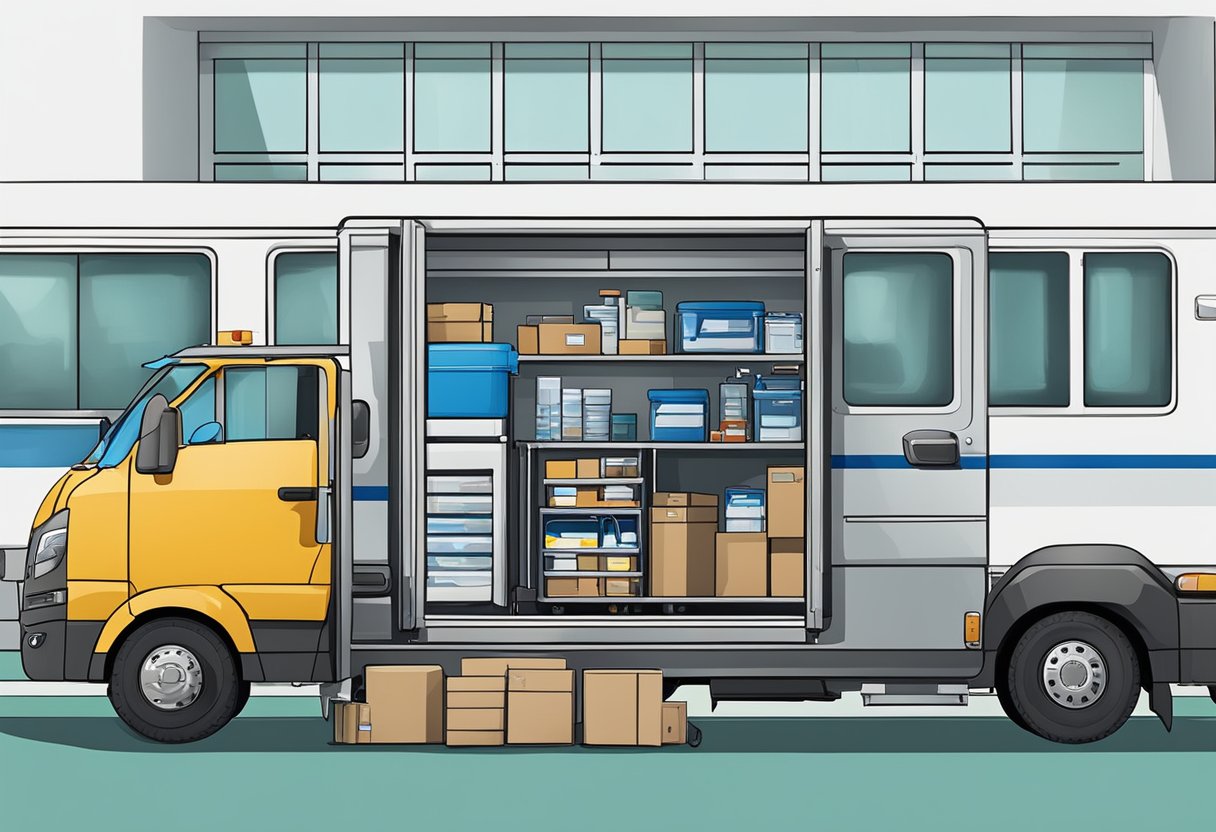 Um veículo de transporte hospitalar sendo carregado com equipamentos e suprimentos médicos para transferência de pacientes