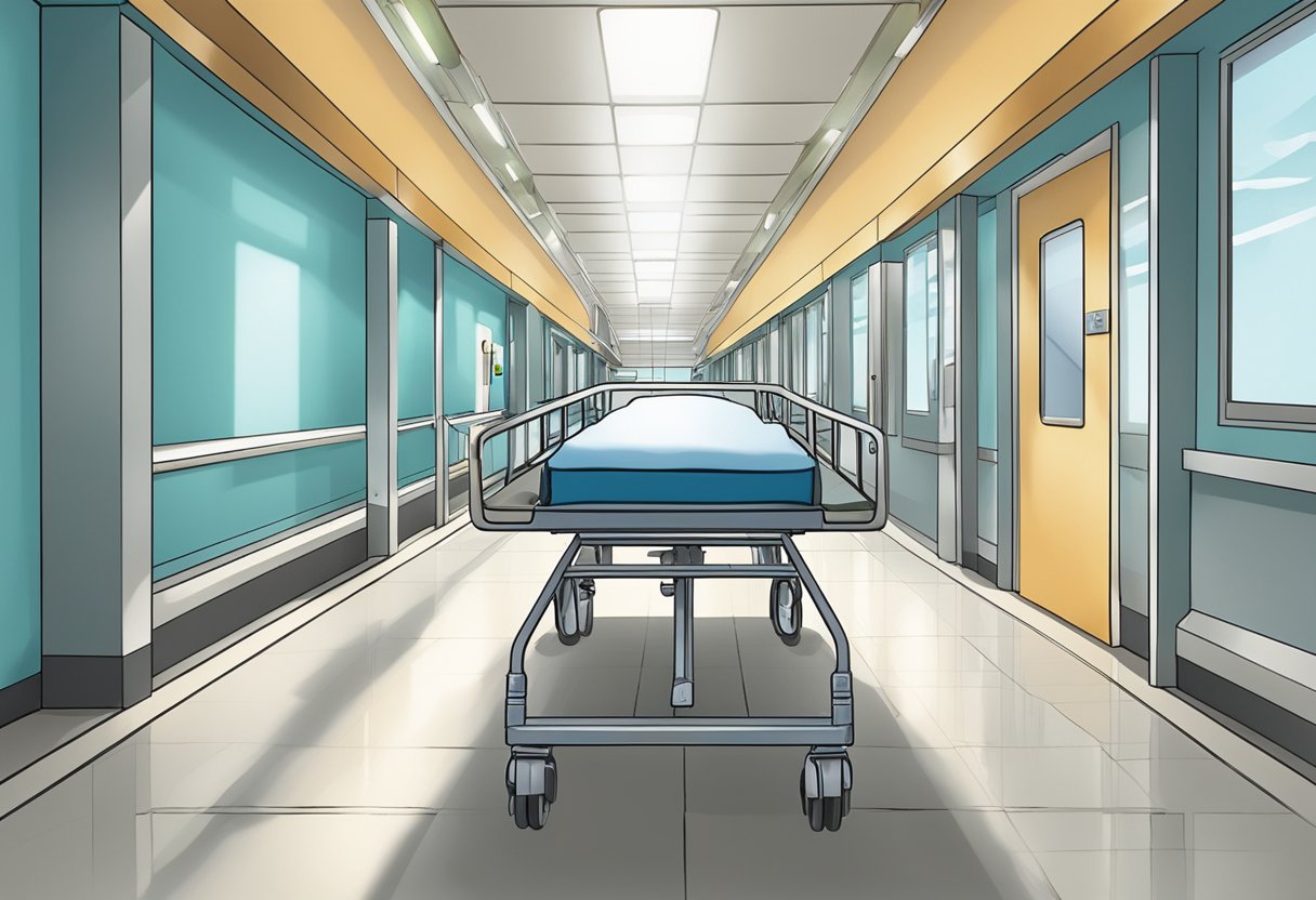 Uma cama de hospital sendo empurrada por um corredor bem iluminado