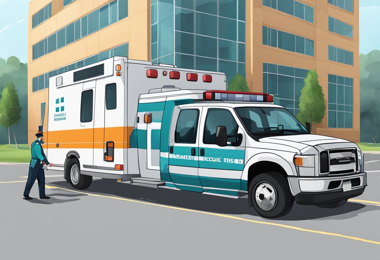 Um veículo de transporte médico estacionado do lado de fora de um hospital, com uma maca sendo carregada por dois paramédicos.