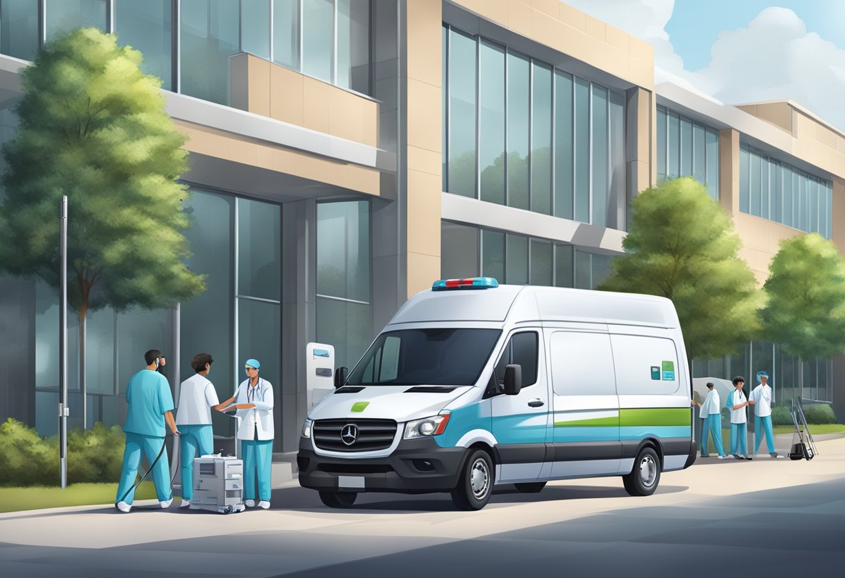 Uma van do hospital estacionada do lado de fora com uma equipe médica carregando equipamentos e suprimentos no veículo.