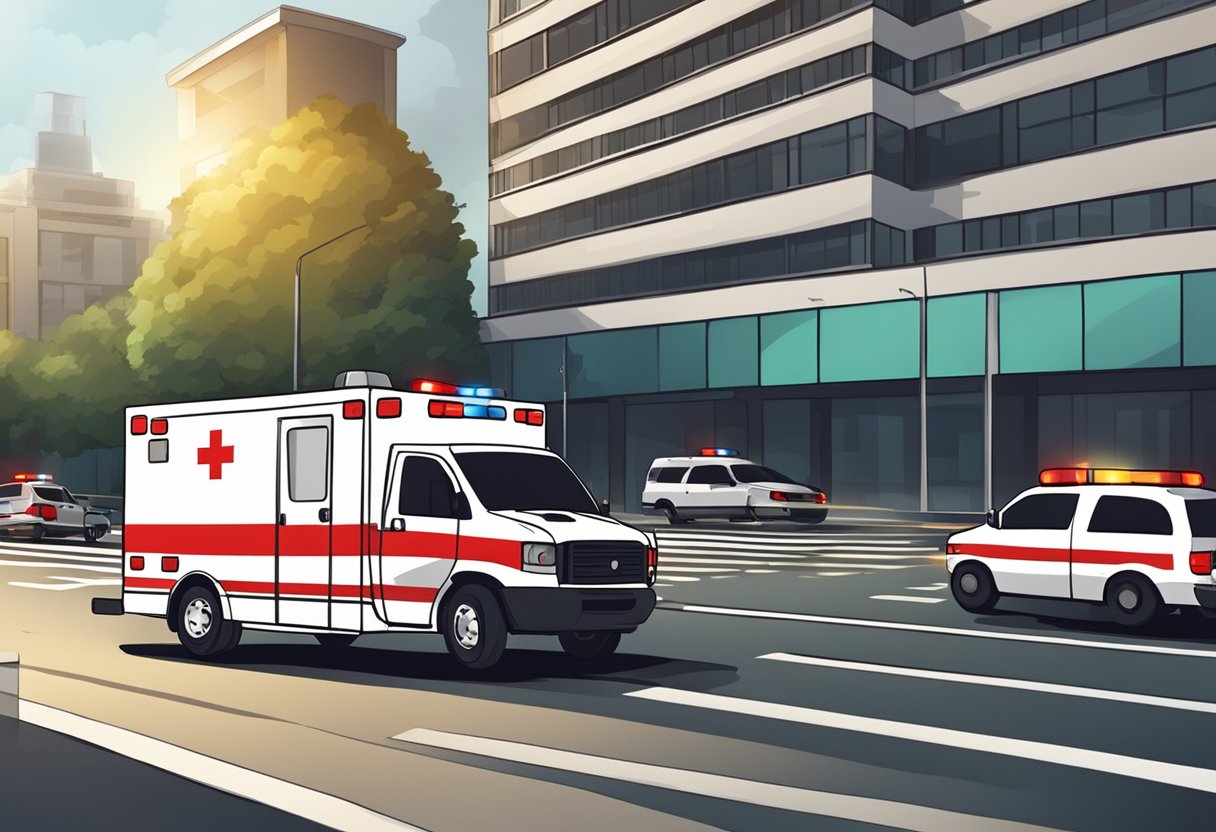 Uma ambulância particular correndo pelo trânsito com luzes piscando e sirenes, chegando a um hospital com urgência