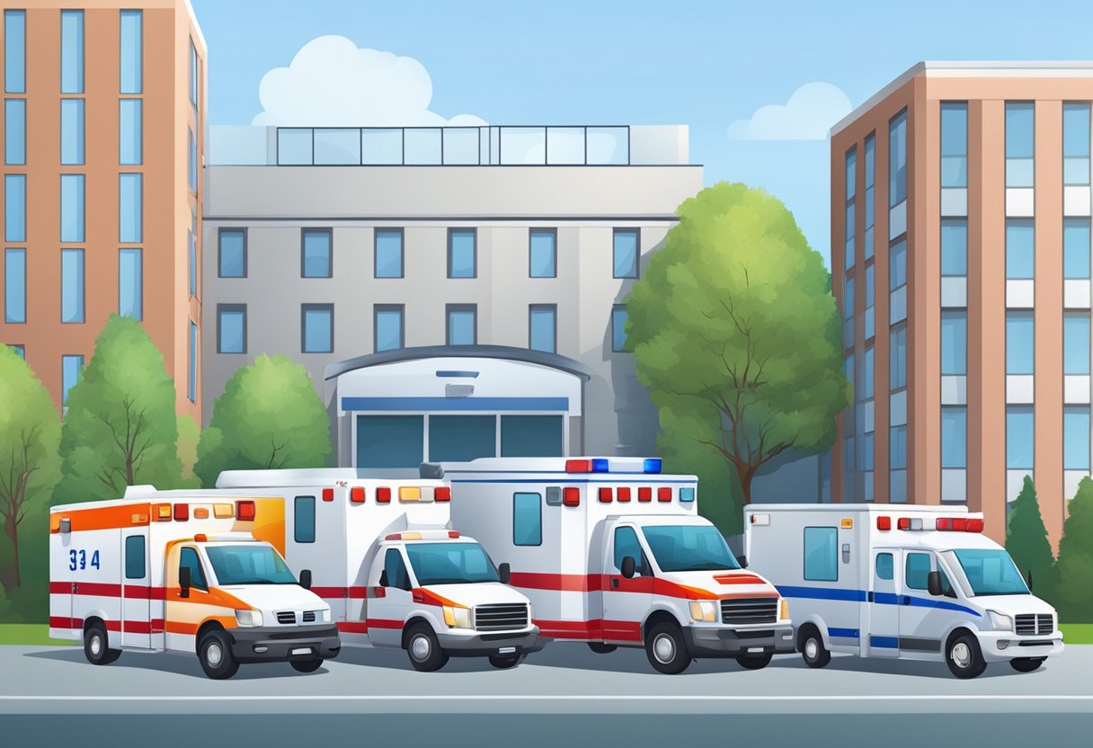 Uma variedade de ambulâncias estacionadas do lado de fora de um hospital, incluindo uma ambulância particular com um preço.