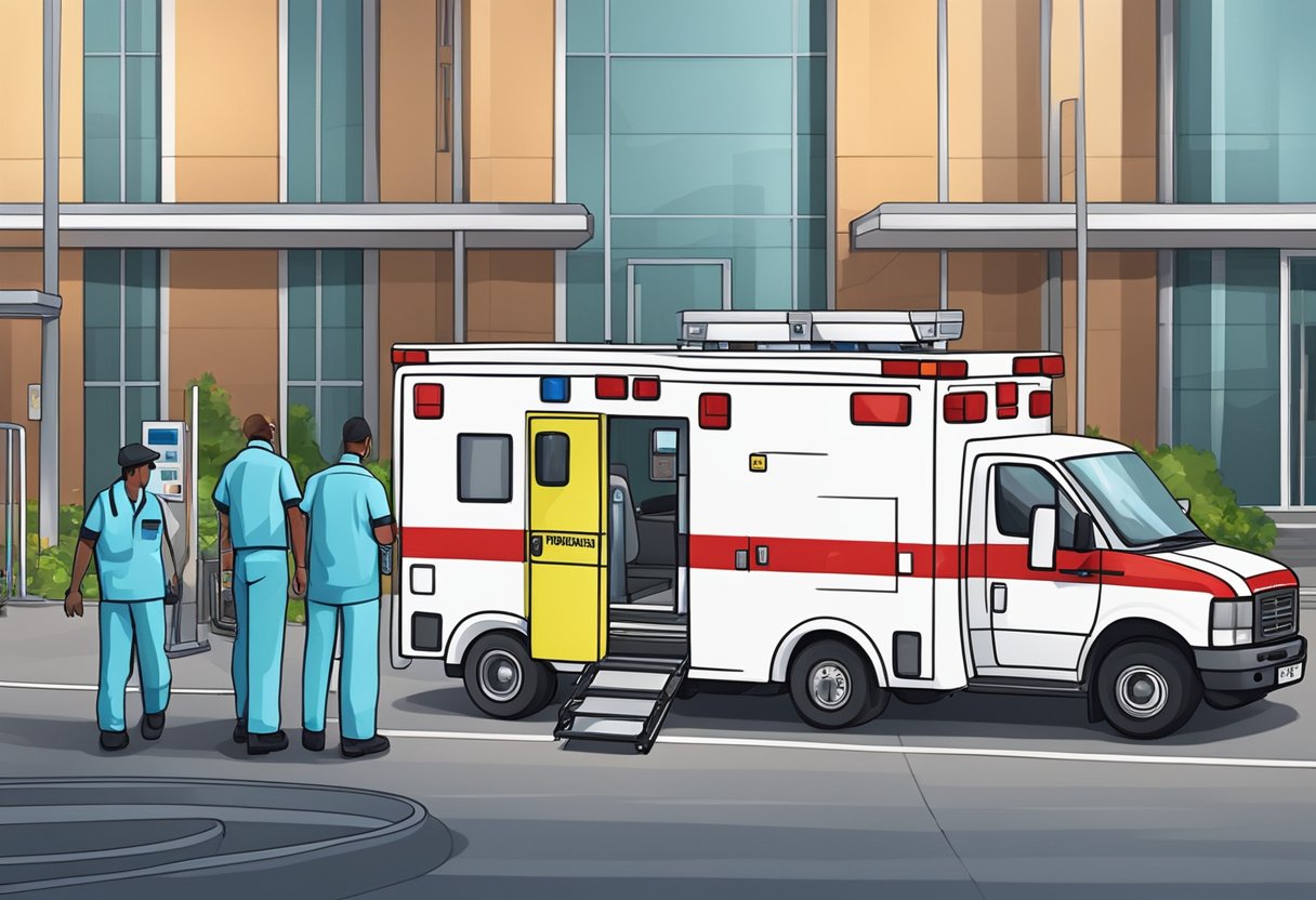 Uma ambulância particular estacionada do lado de fora de um hospital, com paramédicos carregando equipamentos médicos.