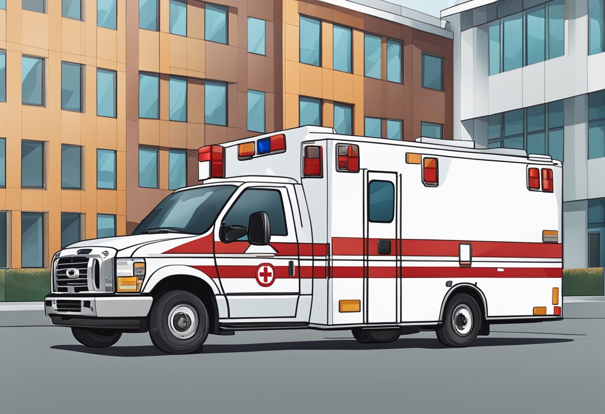 Uma ambulância cheia de equipamentos médicos estacionada em frente a um hospital privado, com o valor da ambulância exibido de forma proeminente.