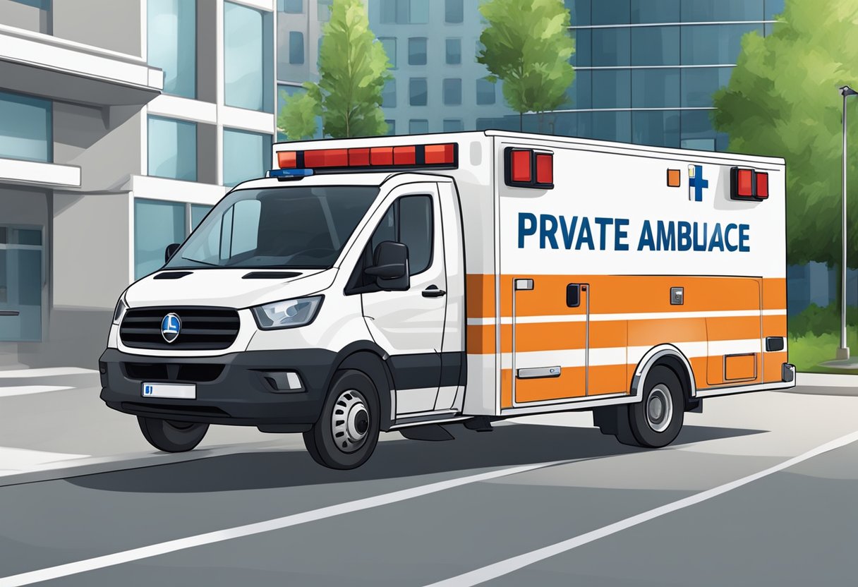 Uma ambulância particular estacionada do lado de fora de um hospital com um paramédico carregando equipamentos médicos.