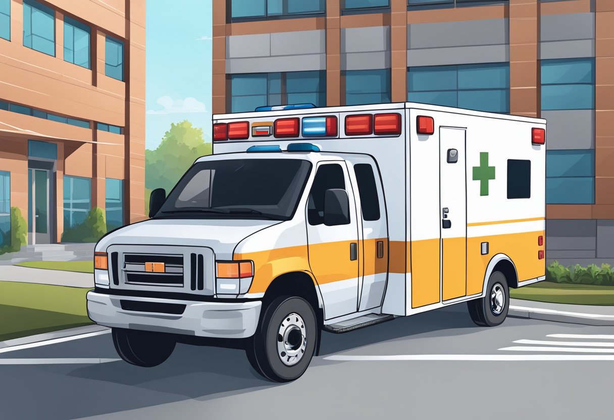 Uma ambulância particular estacionada em frente a um hospital, com um paramédico ao lado discutindo opções de serviço e contrato com um cliente.