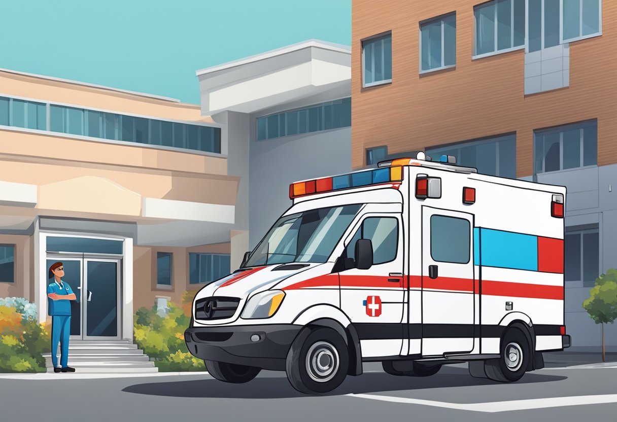 Uma ambulância particular estacionada do lado de fora de um hospital, com um paramédico ao lado, pronto para transportar um paciente.