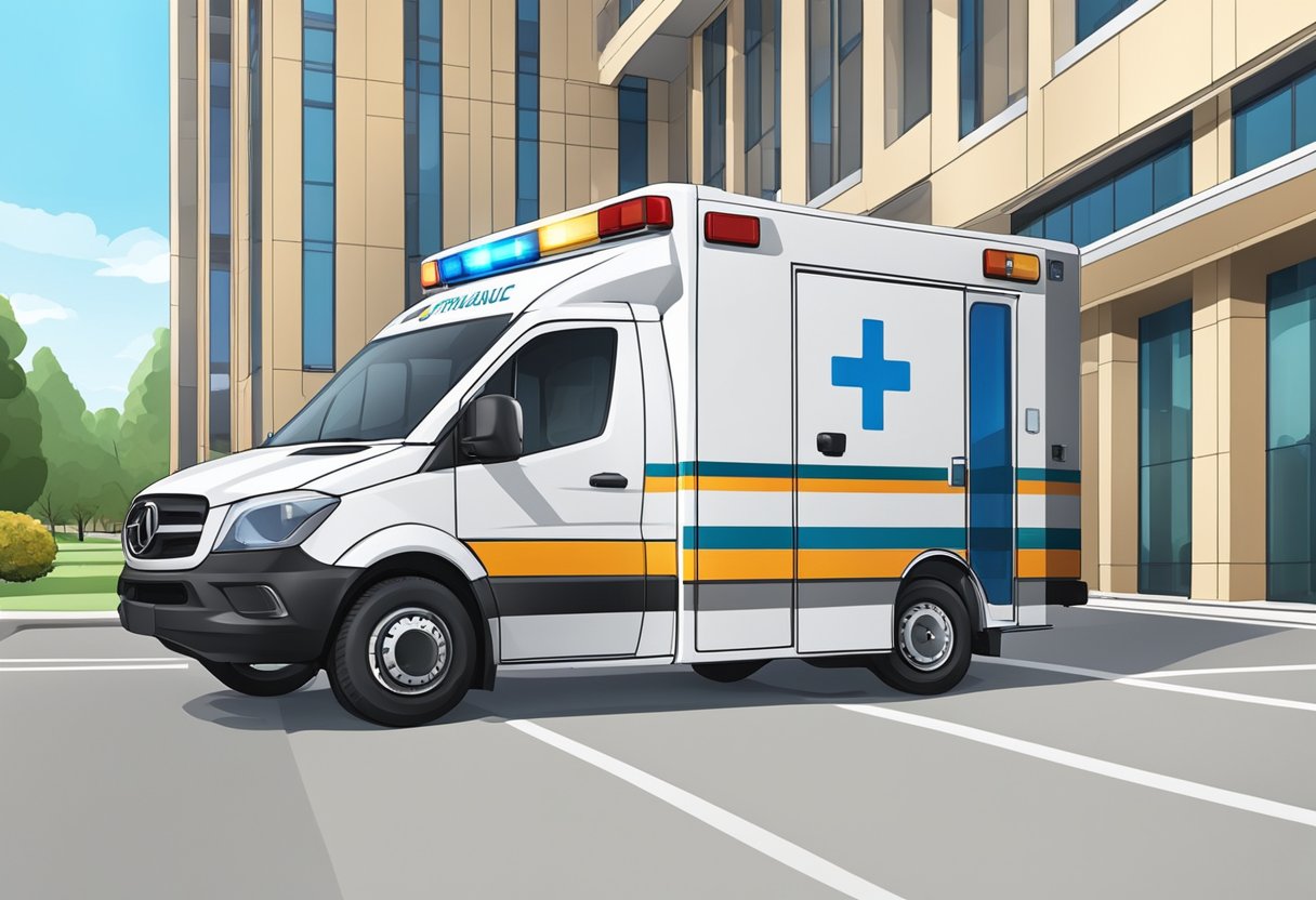 Uma ambulância particular estacionada do lado de fora de um hospital moderno, com foco em seu exterior limpo e bem conservado.