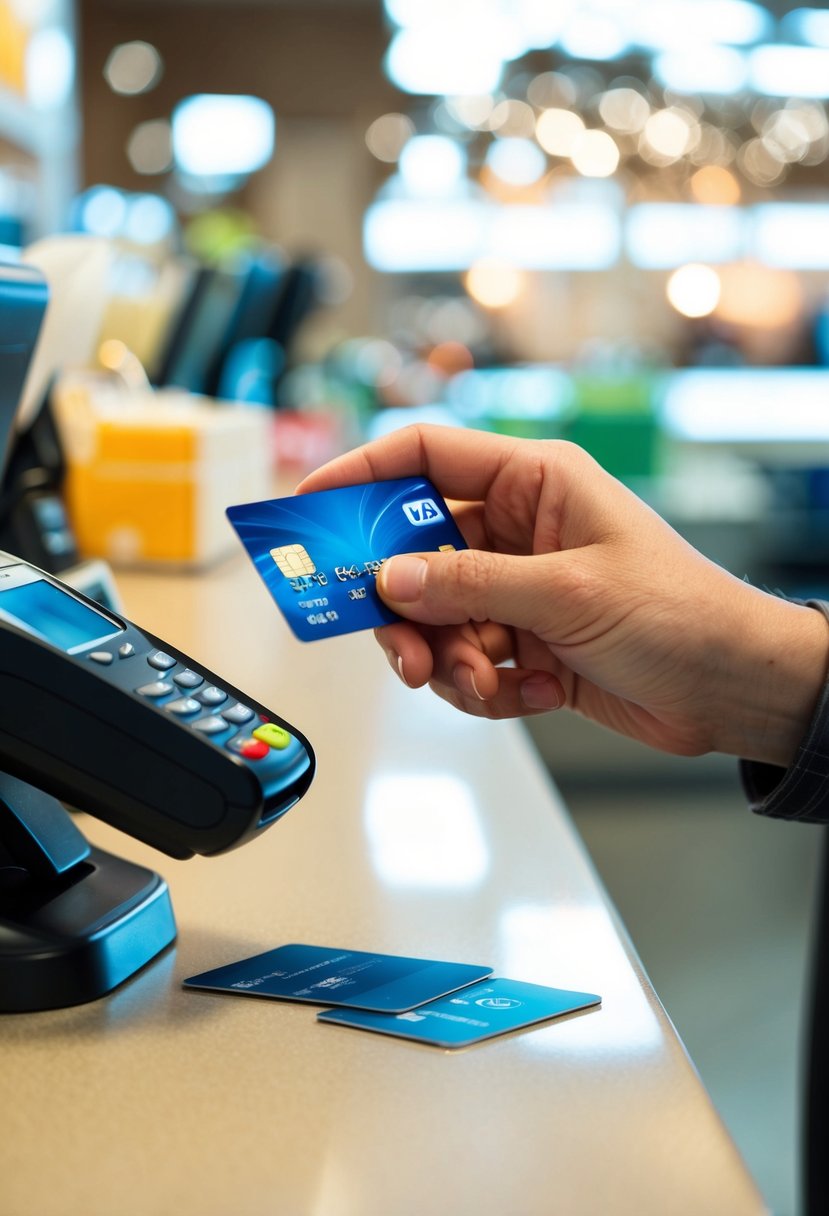 A hand swiping a credit card through a card reader at a store checkout counter, with various items on the counter representing different purchases