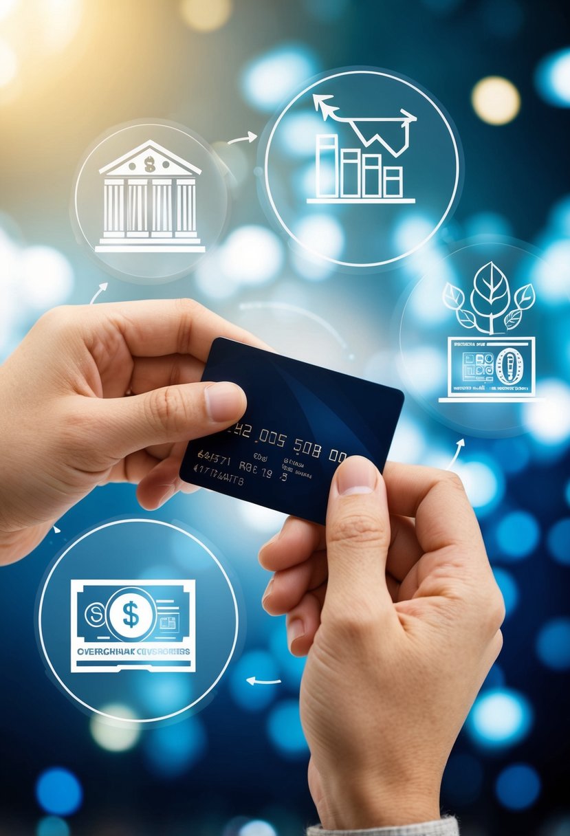 A hand holding a credit card while making various purchases, with symbols representing growth and wealth in the background