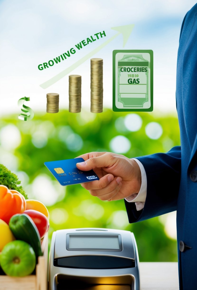 A person swiping a credit card to pay for groceries, gas, and other purchases, with a growing wealth depicted in the background