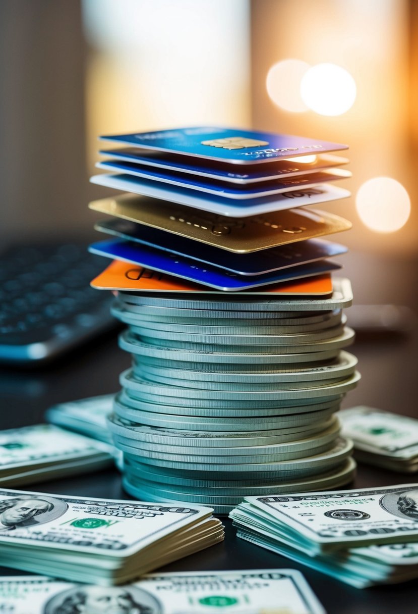 A pile of credit cards surrounded by growing stacks of money and investment documents