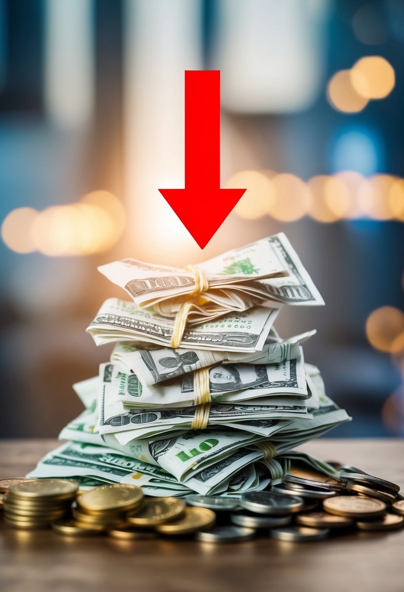 A pile of crumpled bills and coins, with a large red arrow pointing downwards, symbolizing the reduction of debt