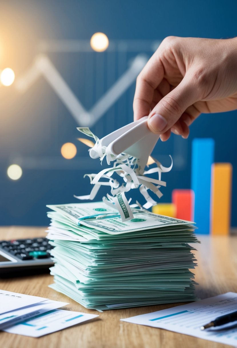 A stack of bills being shredded into pieces, with a calculator and a decreasing debt chart in the background