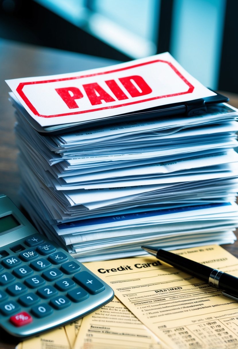A stack of bills and credit card statements, with a large red "PAID" stamp on top. A calculator and pen sit nearby, showing the calculations of the debt consolidation