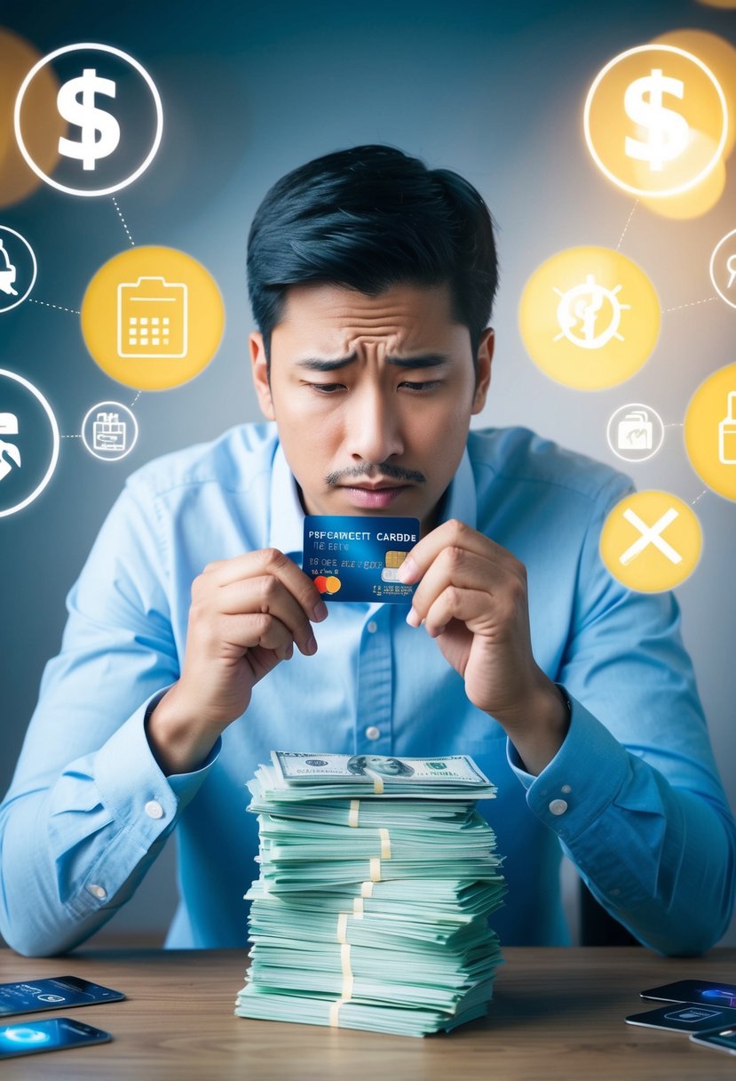 A person holding a credit card and a stack of bills, looking confused and stressed while surrounded by misleading symbols and icons
