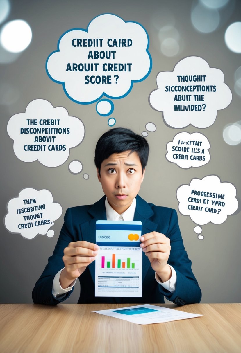 A person looking confused while holding a credit card and a paper with a credit score on it. Various misconceptions about credit cards are depicted in thought bubbles around them