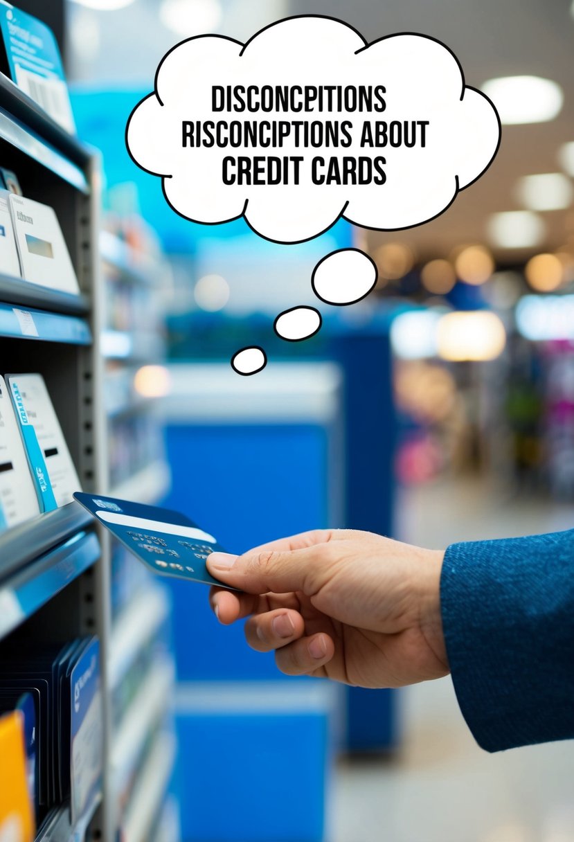 A person swiping a credit card at a store, while a thought bubble shows misconceptions about credit cards