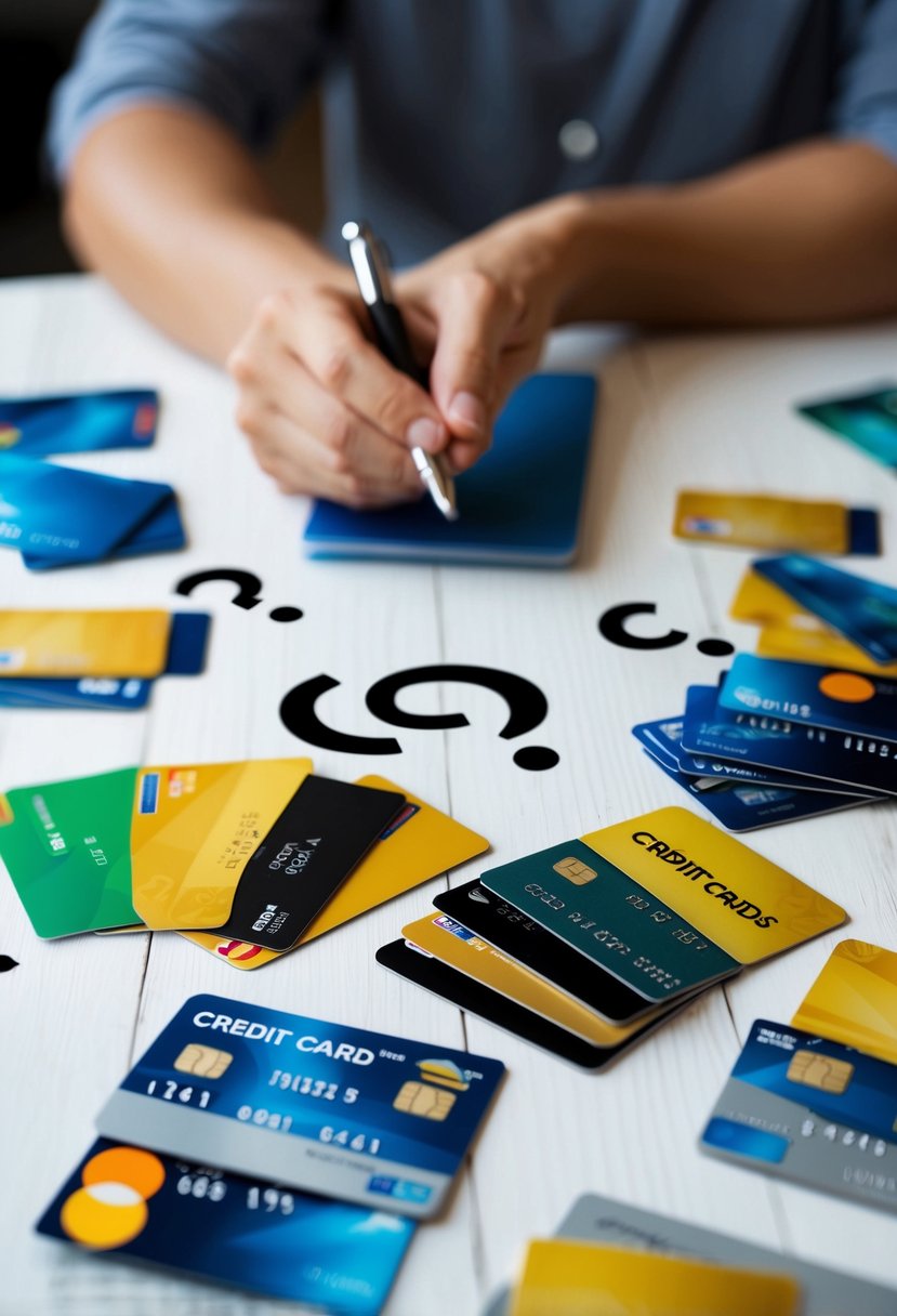 A person studying credit reports with various credit cards, surrounded by question marks and conflicting information