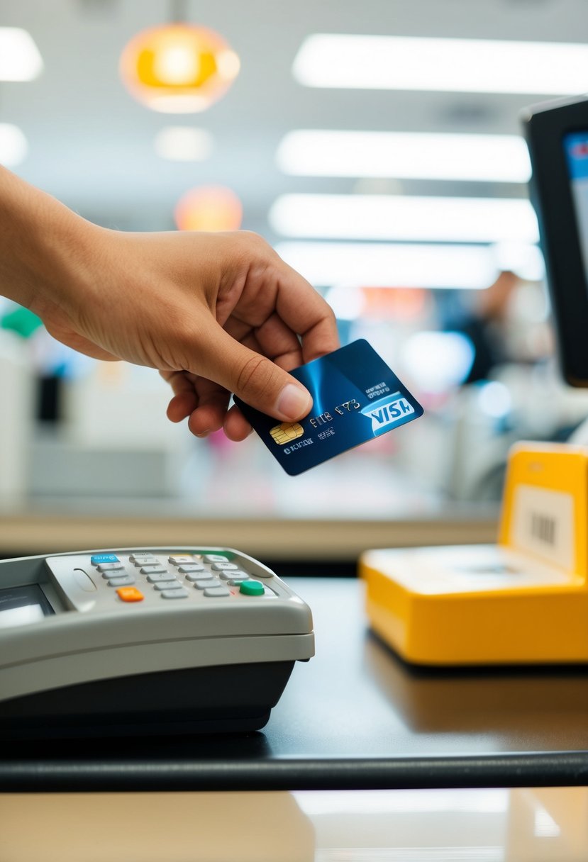 A person swiping a credit card at a store checkout