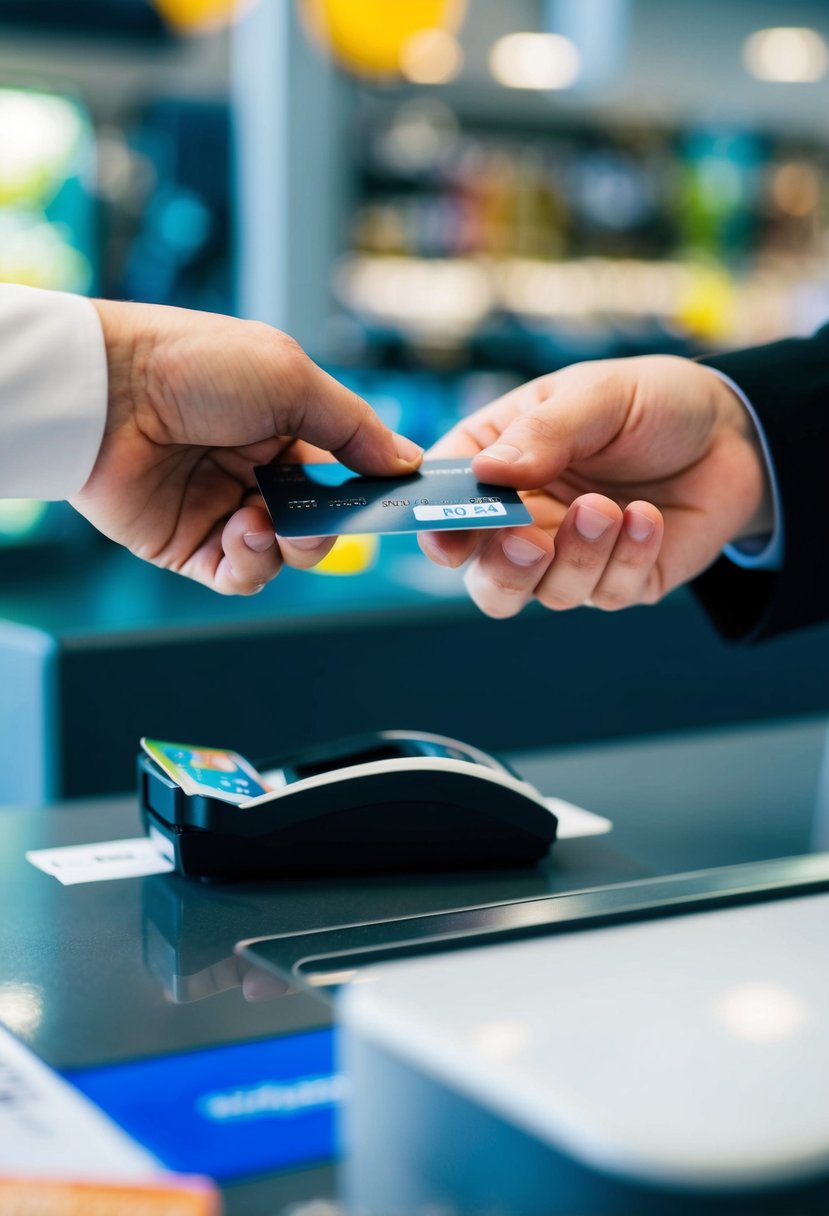 A person swiping a credit card at a store counter. The cashier is handing over a receipt