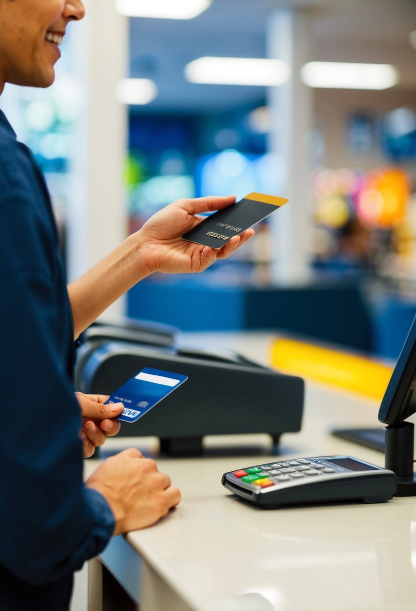 A person swiping a credit card at a store checkout counter, with a smile on their face