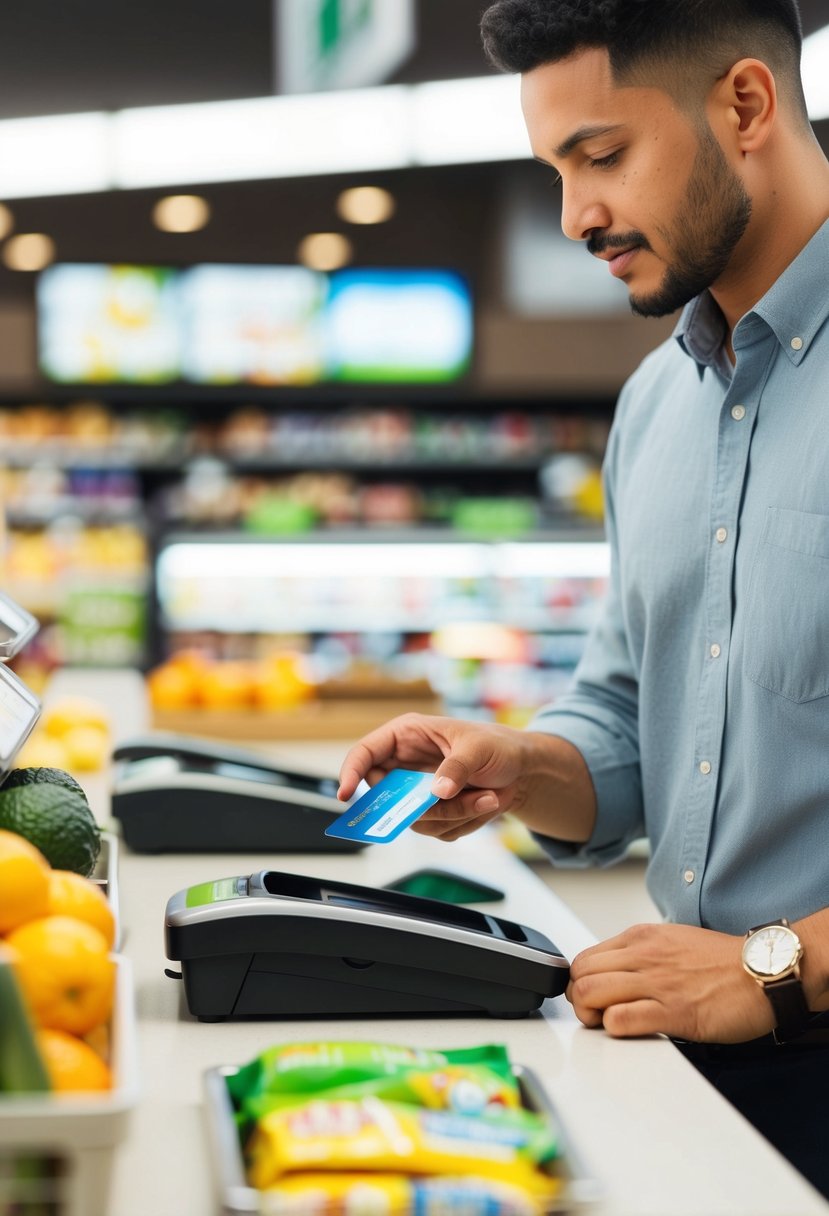 A person using a credit card to make a purchase at a grocery store checkout counter