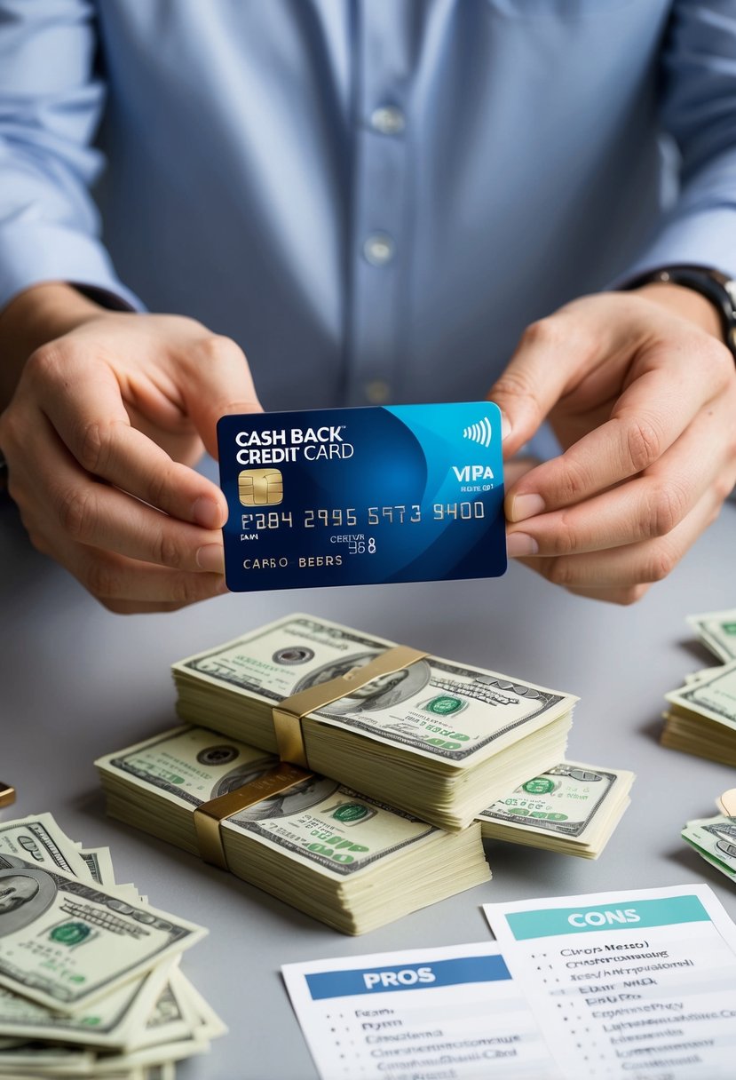 A person holding a cash back credit card, surrounded by a pile of money and a list of pros and cons