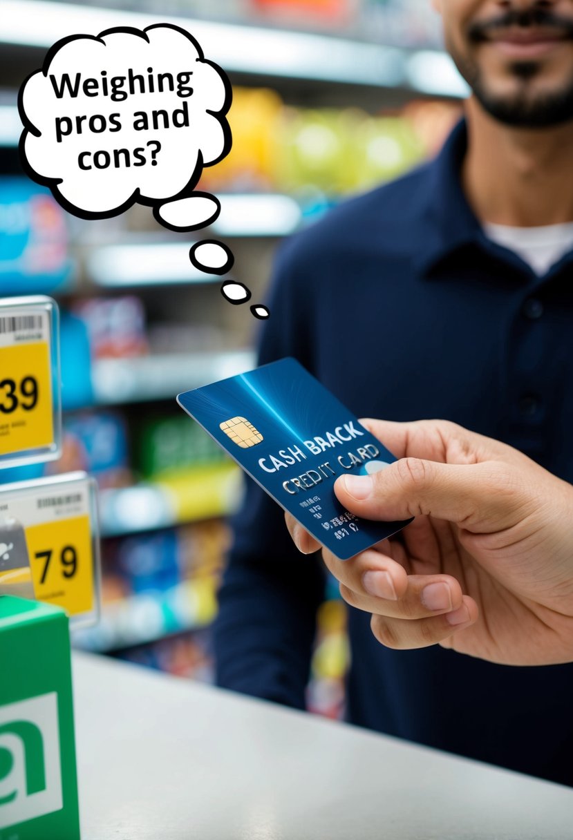 A person swiping a cash back credit card at a store, with a thought bubble showing them weighing the pros and cons