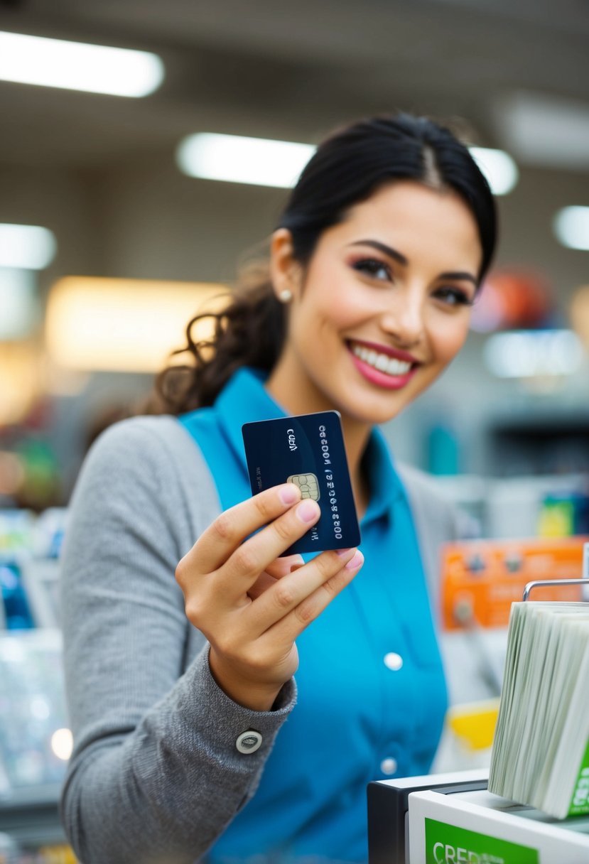 A person swiping a cash back credit card at a store, with a smile on their face as they receive money back from their purchase