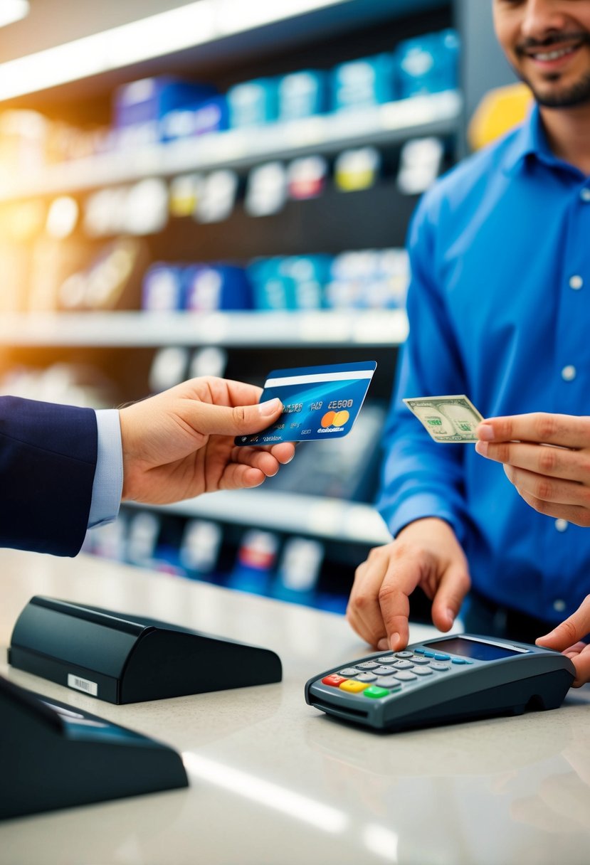 A person using a credit card at a store, receiving cash back from the cashier