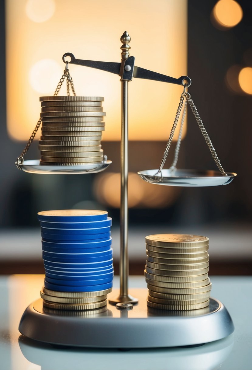 A scale evenly balancing stacks of coins and credit cards, with one side higher than the other