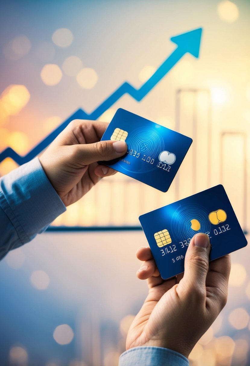 A hand holding two credit cards, with one card transferring funds to the other. The background shows a graph trending downwards, symbolizing savings